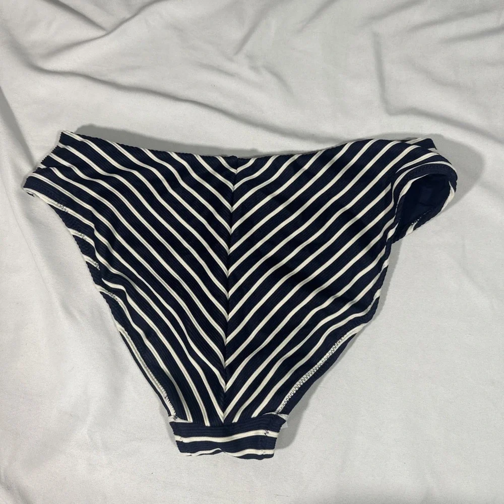 NEW Robin Piccone [‎ Large ] Parker High Waist Stripe Bikini Bottom Navy U1692